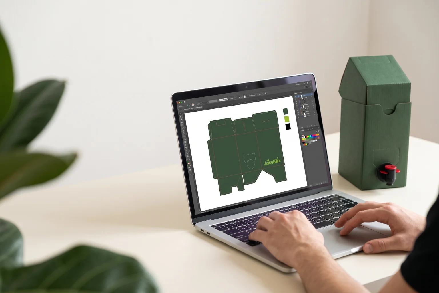 Designer gestaltet eine JuiceBox Verpackung am Laptop im Vektorprogramm