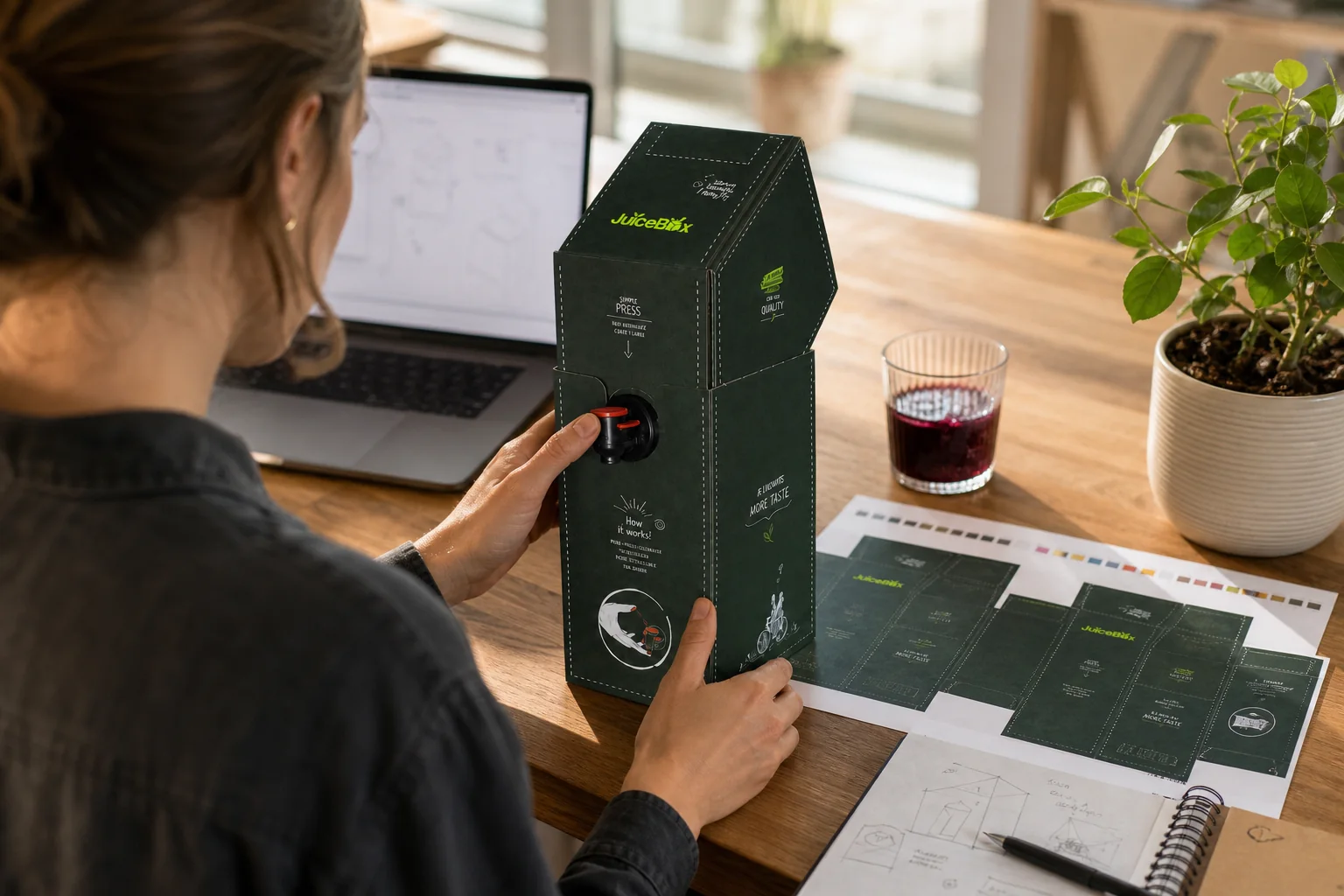 Remote arbeitende Designerin am Laptop mit JuiceBox Produkt