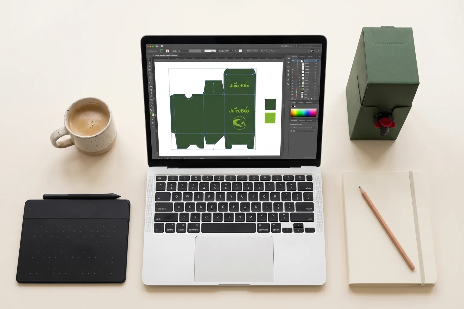 Arbeitsplatz mit Laptop, Grafiktablett und JuiceBox Verpackungsdesign