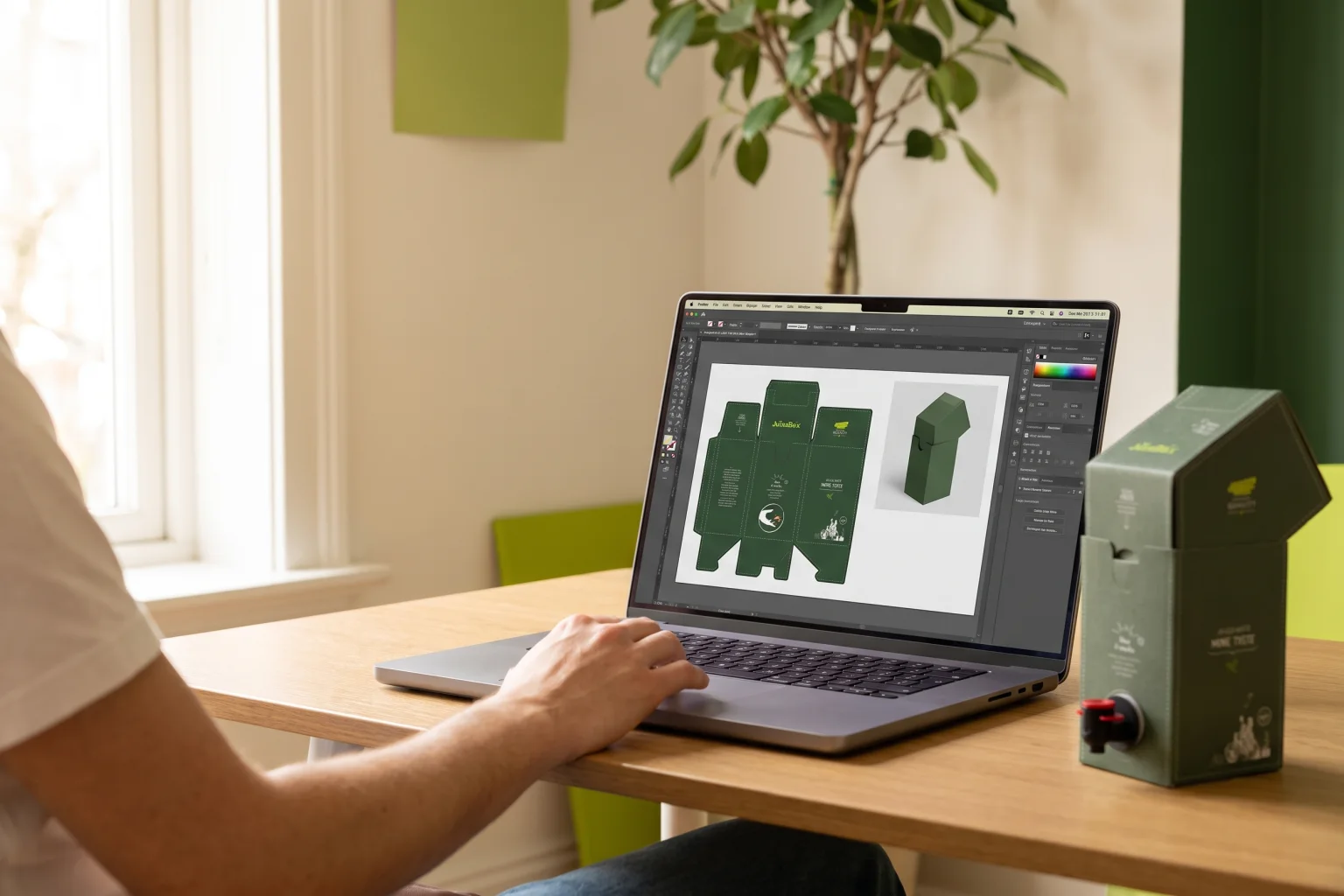 Designer schließt ein JuiceBox Verpackungsdesign am Laptop ab