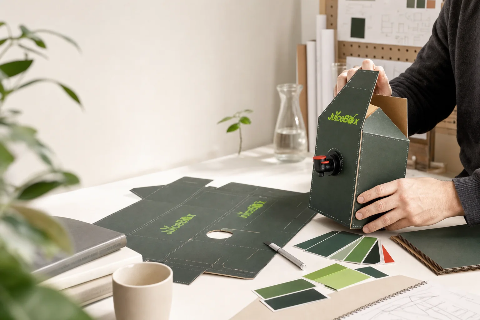 Packaging designer assembling a JuiceBox carton prototype at a bright studio desk