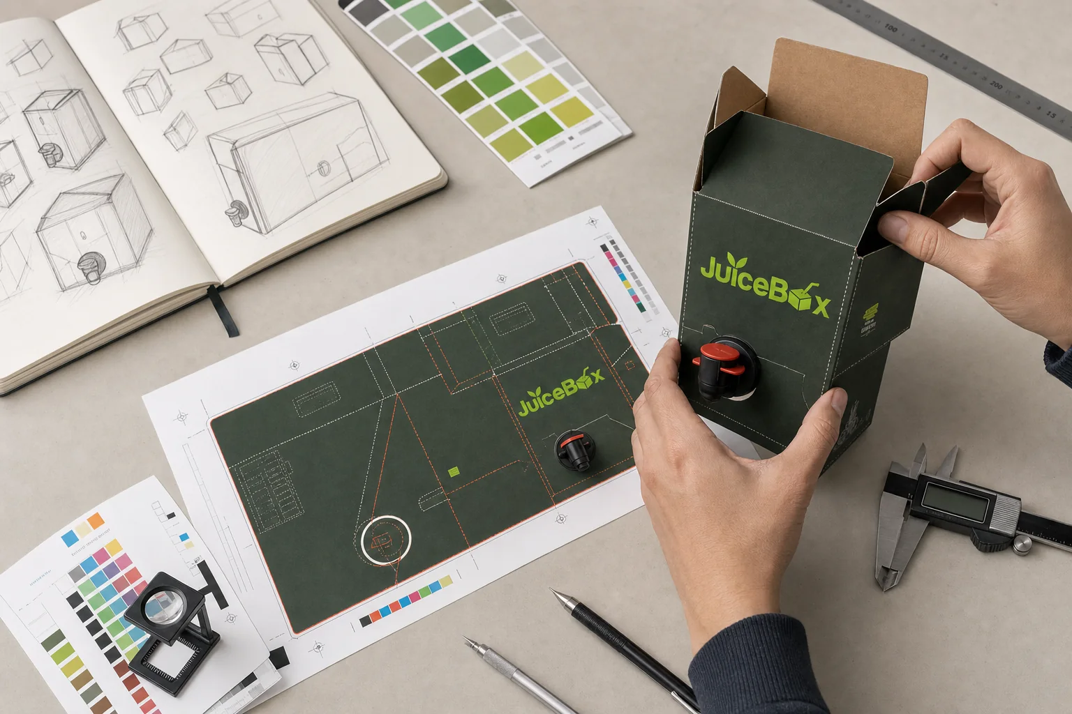 Packaging concept, print-ready dieline and finished JuiceBox carton prototype