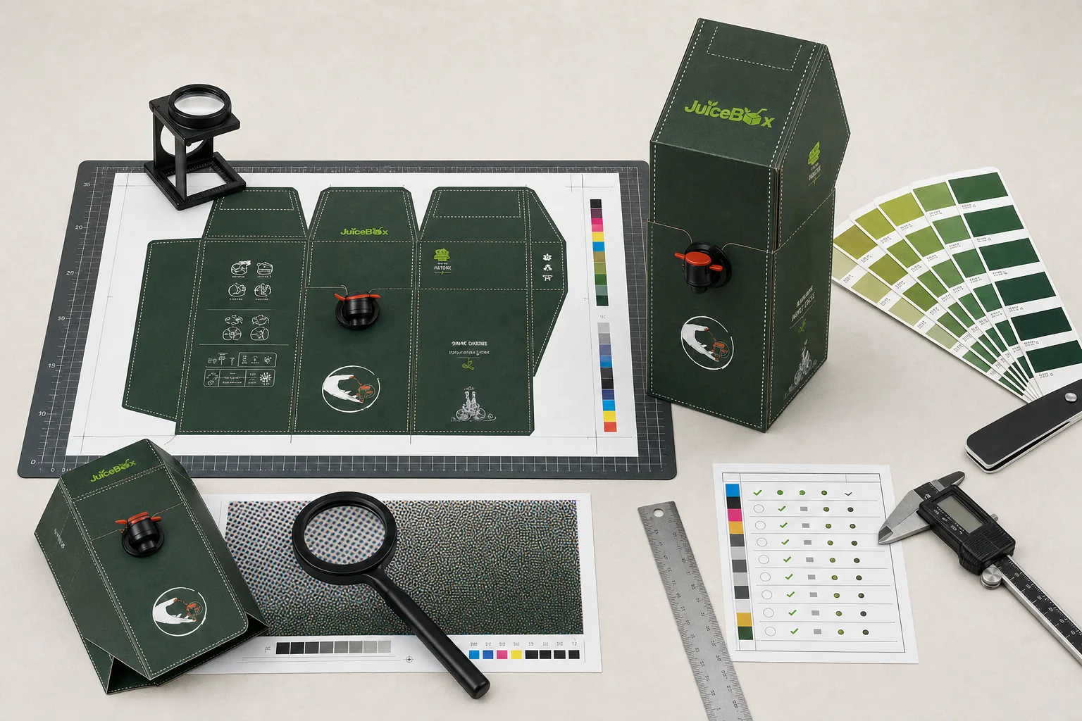 Professional packaging proofs, colour swatches and production tools for JuiceBox