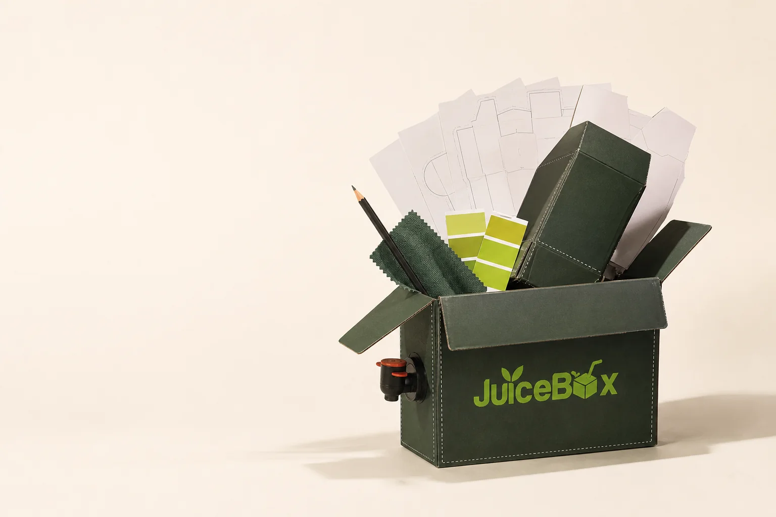 JuiceBox carton filled with packaging design tools and creative materials